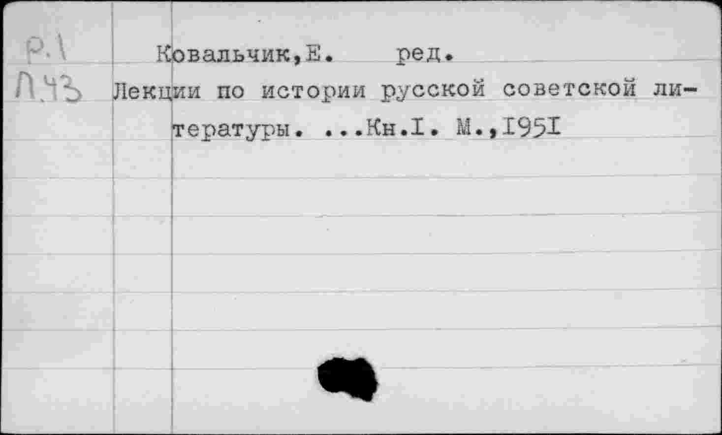 ﻿рл л.чъ	1 Ковальчик,Е.	ред.	
	Лекции по истории русской советской литературы. ...Кн.1. М.,1951	
		
		
		
		
		
		
		